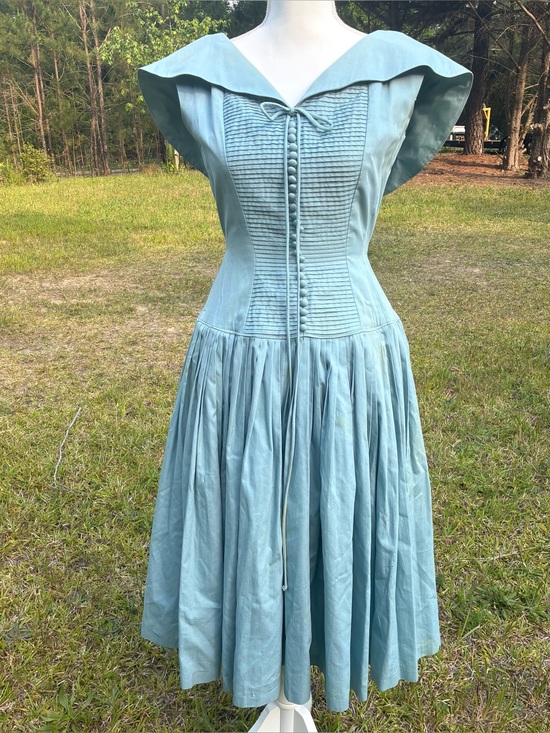 Vintage Dresses & Skirts - 1950s Ice Blue Fit & Flare Dress Pintuck Covered Buttons Cottagecore Pinup XS/S